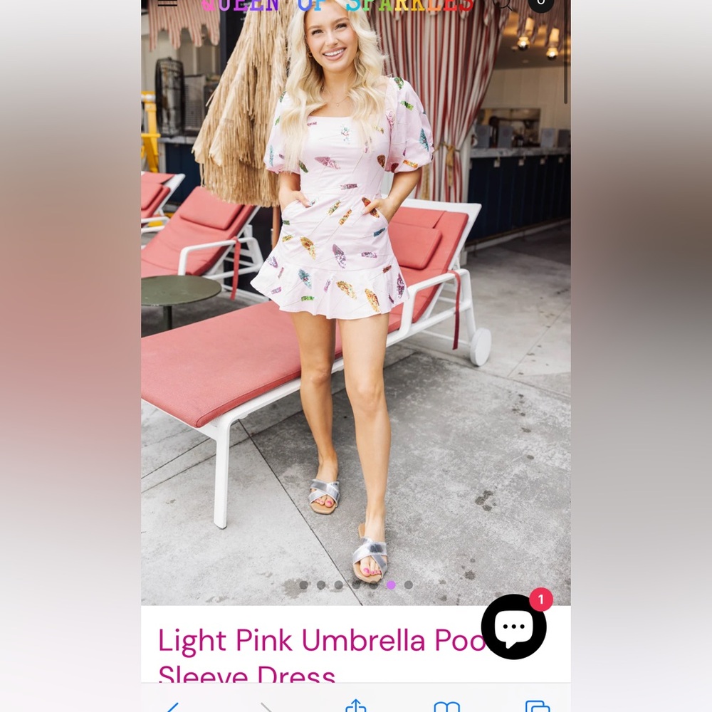 🗿NWOT Queen of Sparkles Tiki Umbrella kitsch Sleeve Dress light pink Beach QOS 🌺 - Picture 2 of 7